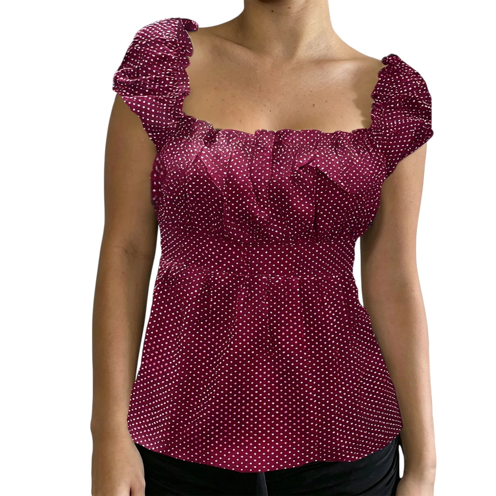 VacationGrabs burgundy polka dot peplum top with a square neckline and puff sleeves in a slim-fit polyester fabric.