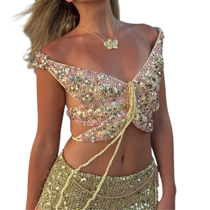 VacationGrabs butterfly-shaped sequin crop top with off-shoulder halter neck and crochet knit texture