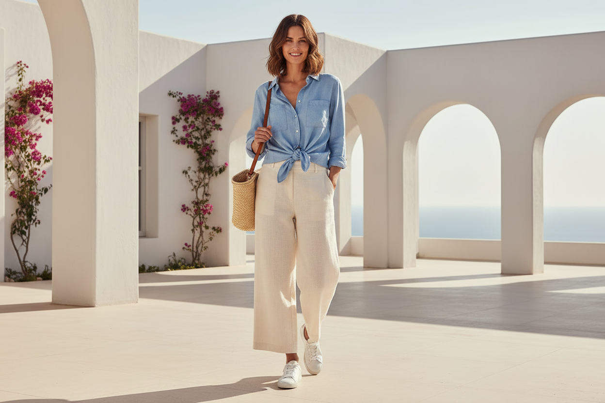 Woman in a blue shirt and white pants standing in a sunlit architectural setting with flowers and a view of the sea.