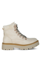 VacationGrabs cream lace-up chunky ankle boots with cozy lining, metallic eyelets, and a thick slip-resistant sole.