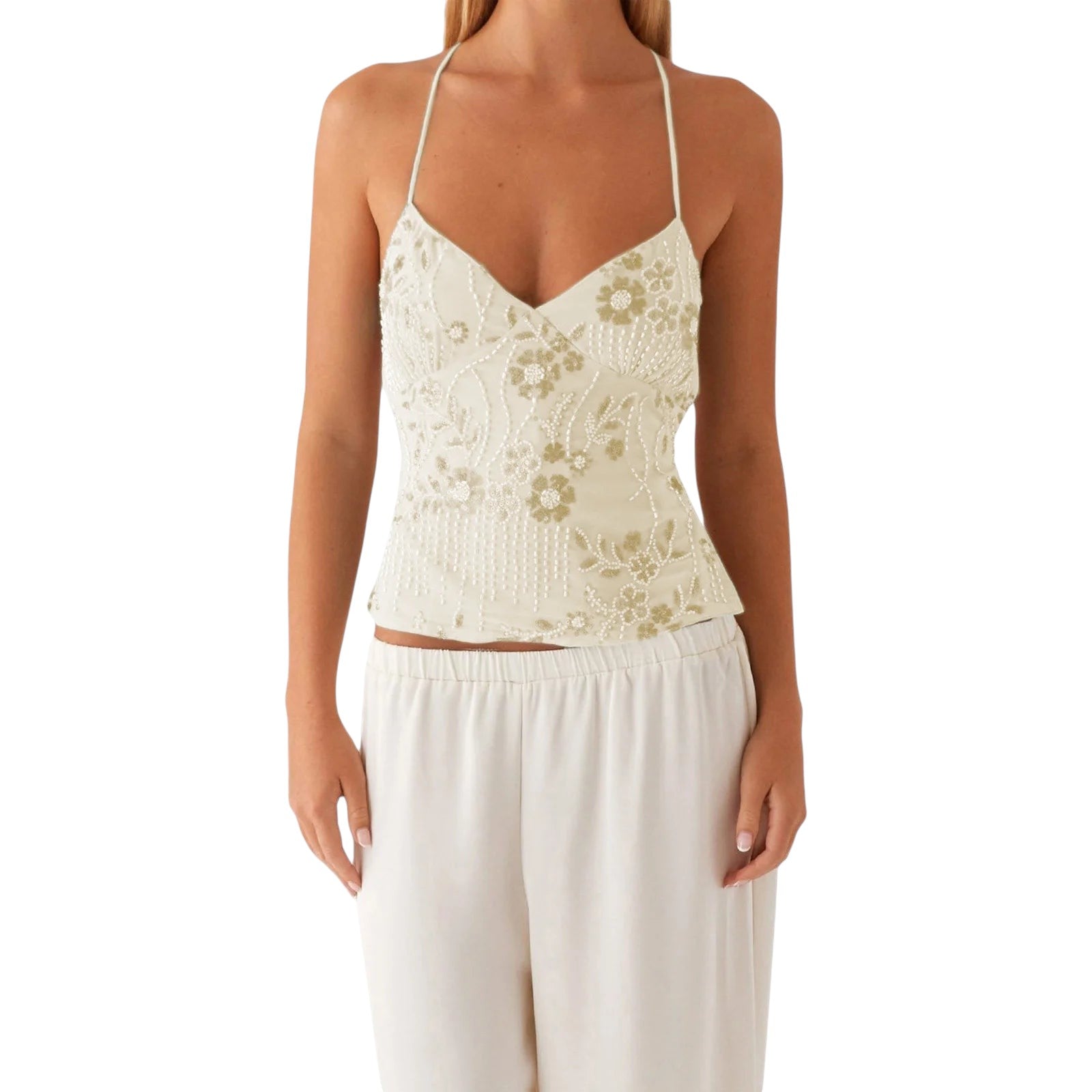 VacationGrabs cream crop top with delicate floral embroidery, sequins, and pearl embellishments on thin spaghetti straps