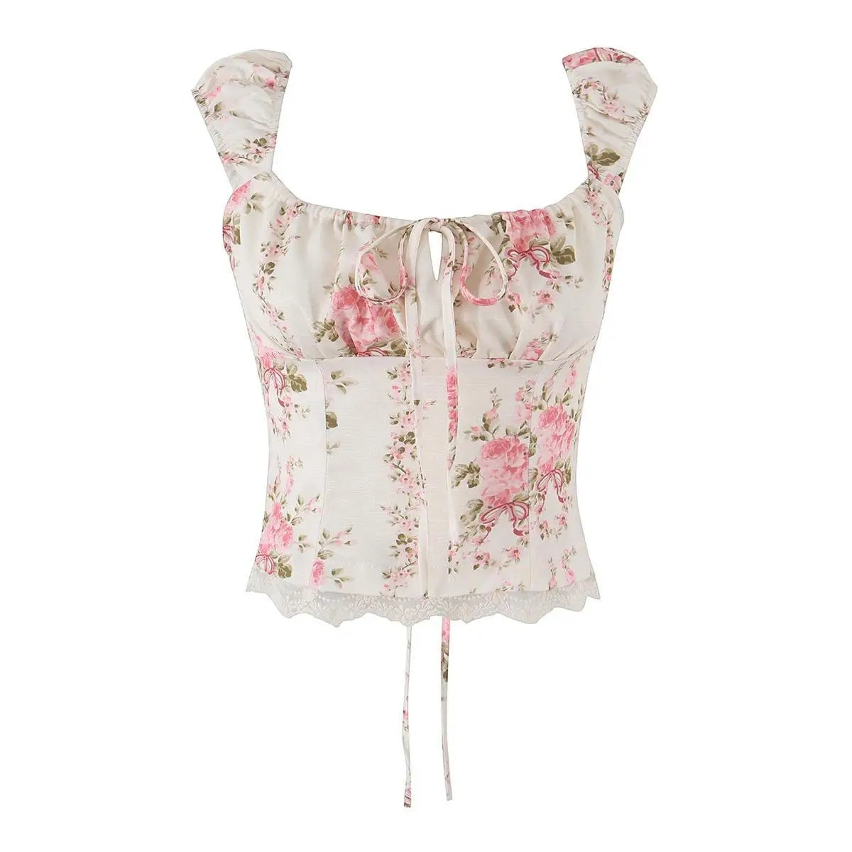 VacationGrabs floral corset top with puff sleeves, sweetheart neckline, and delicate lace trim in a summer style.