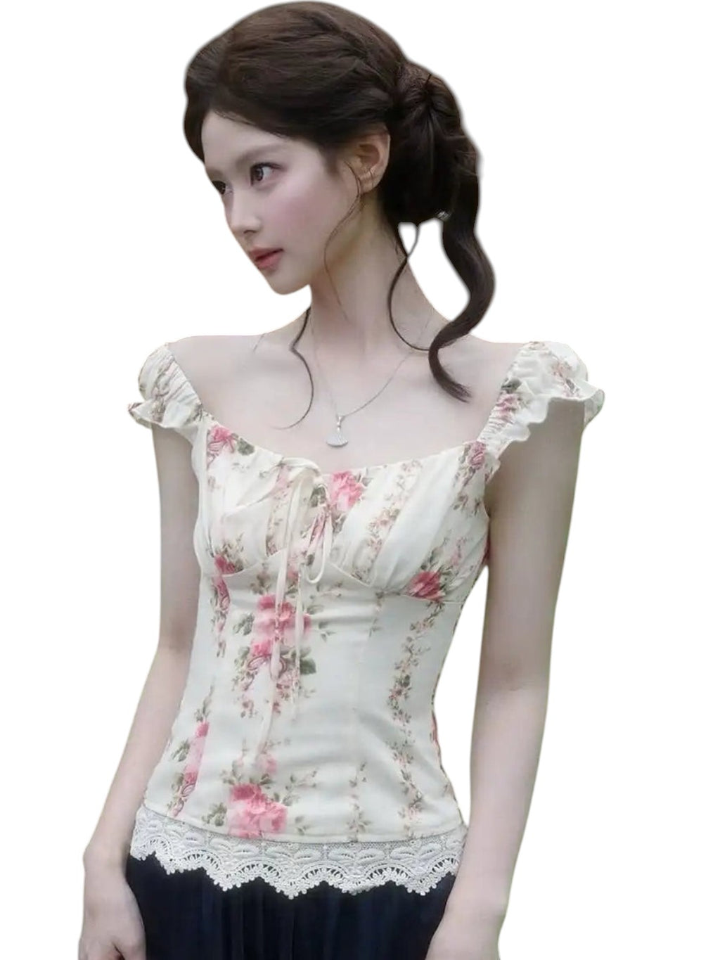 VacationGrabs floral corset top with puff sleeves and lace hem worn by a woman with an elegant updo hairstyle