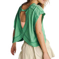 VacationGrabs green short-sleeve crop top with a breezy open-back cutout design, perfect for summer vacation wear.