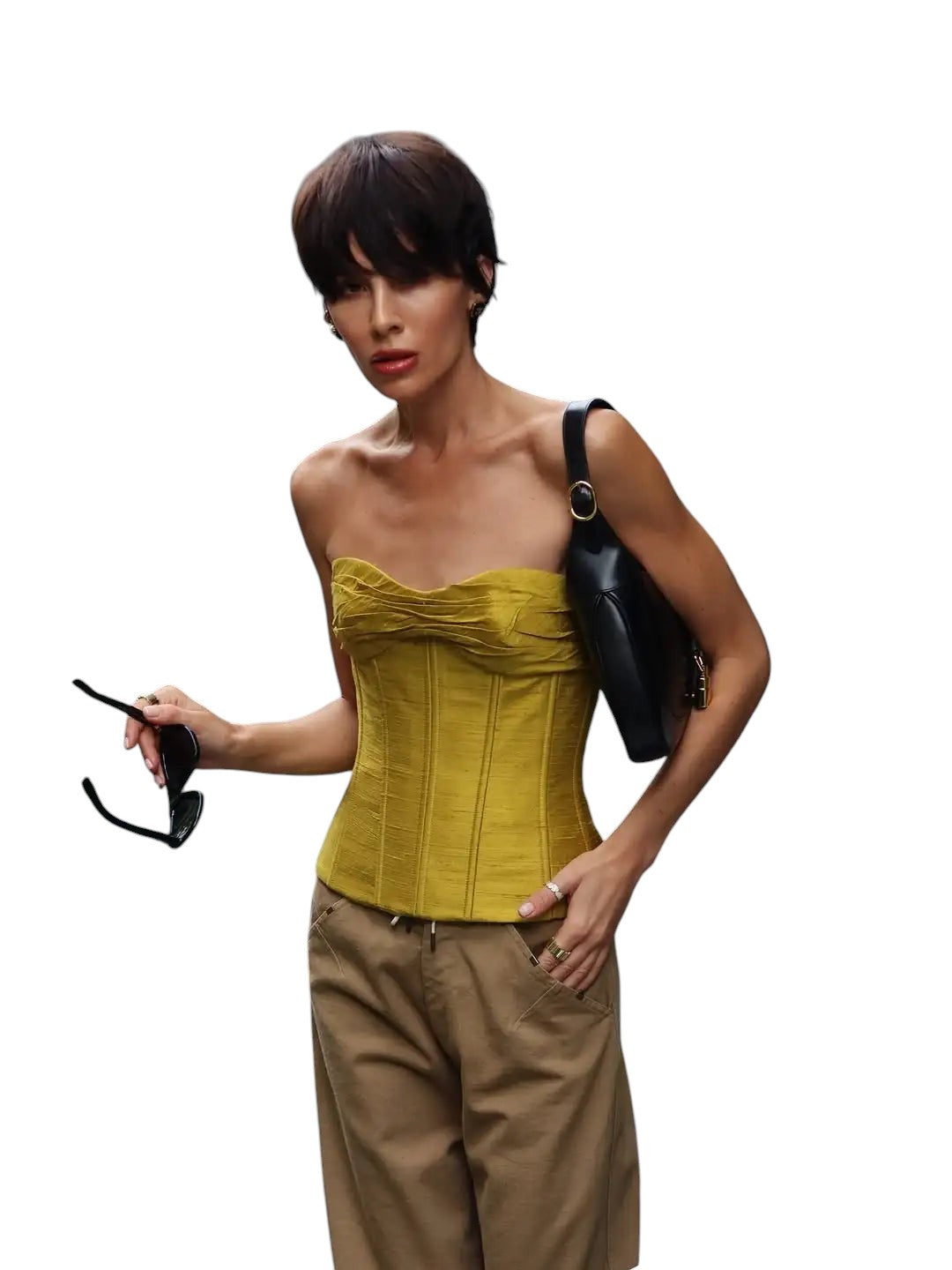 VacationGrabs bright green ruched bandeau corset top worn by a woman with short hair in a casual outdoor setting