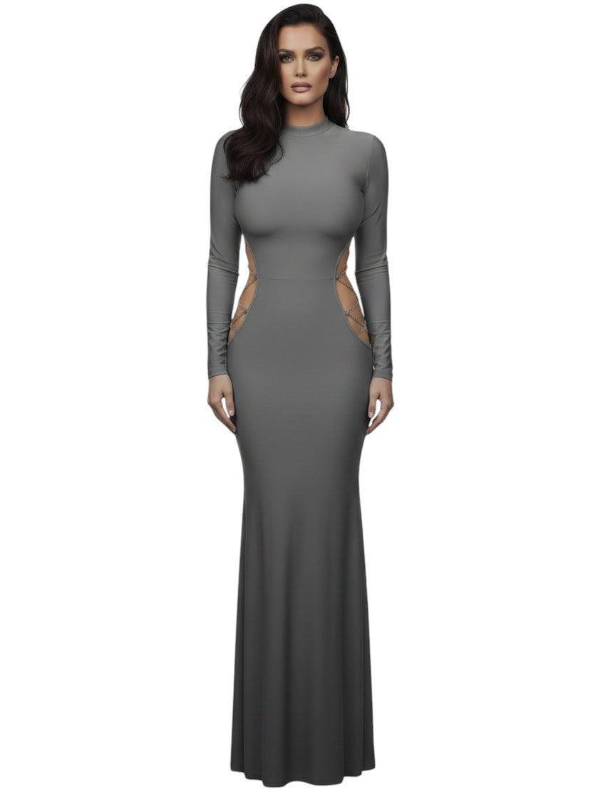 VacationGrabs grey long sleeve maxi dress with high neck and side chain cut-out details on a model