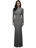 VacationGrabs grey long sleeve maxi dress with high neck and side chain cut-out details on a model