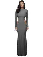 VacationGrabs grey long sleeve maxi dress with high neck and side chain cut-out details on a model