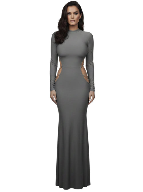 VacationGrabs grey long sleeve maxi dress with high neck and side chain cut-out details on a model