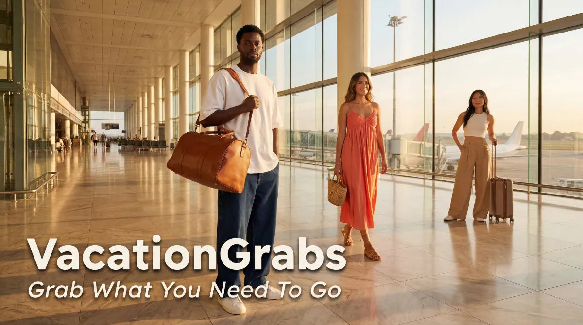 People with luggage in a modern building, promoting 'VacationGrabs' travel service.