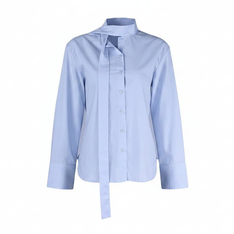 VacationGrabs light blue long-sleeve linen-blend blouse with a turn-down collar and lace-up waist tie detail.