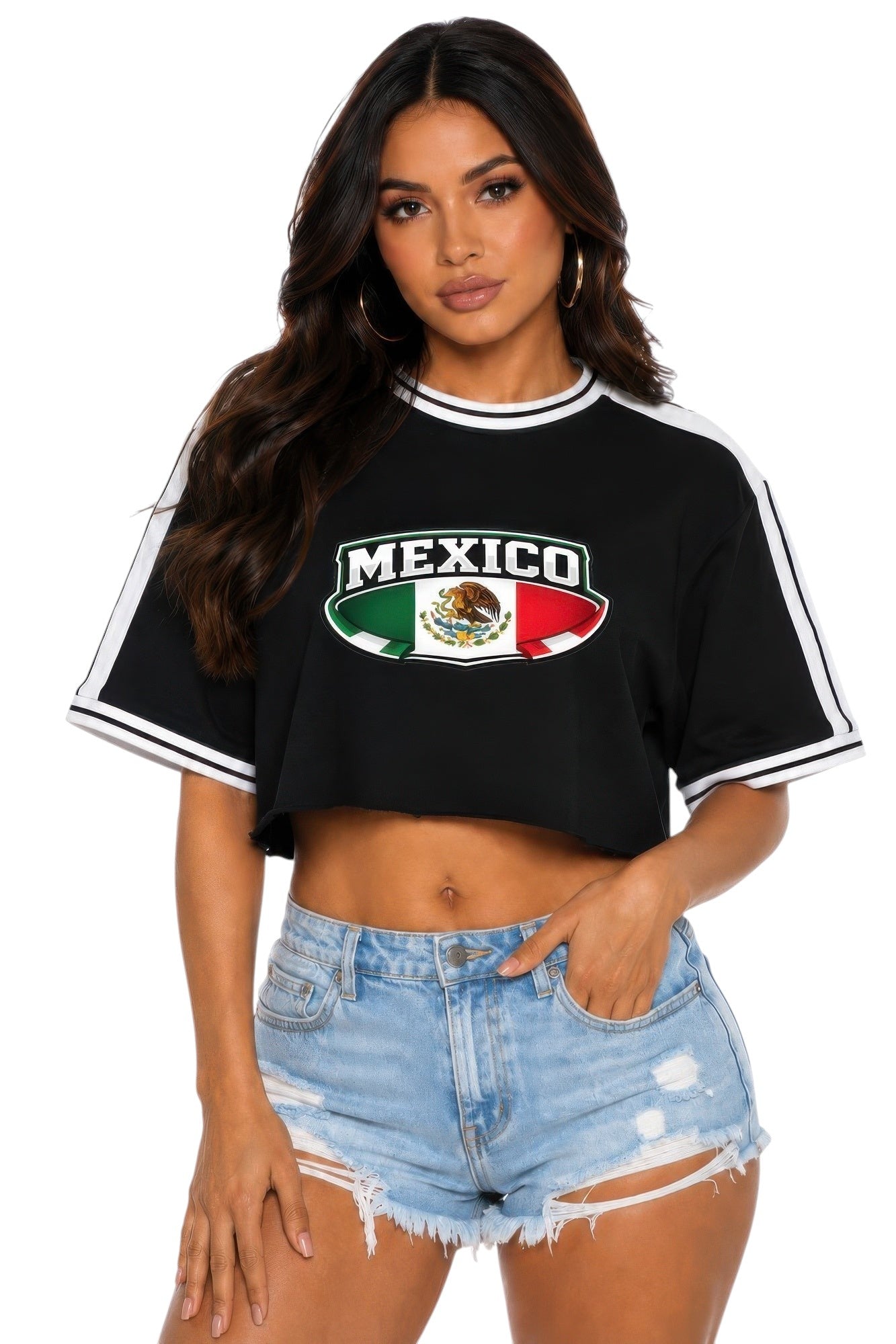 VacationGrabs black cropped cotton t-shirt with Mexico graphic print, short sleeves, and white athletic stripe tape.