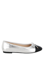 VacationGrabs Minato two-tone silver and black faux leather ballet flats with a bow and almond toe.
