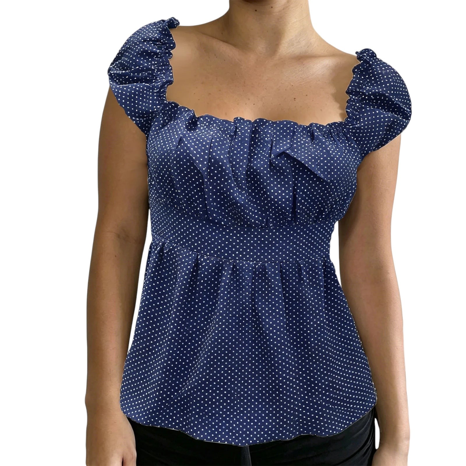 VacationGrabs navy blue polka dot peplum top with square neckline and puff sleeves on a model
