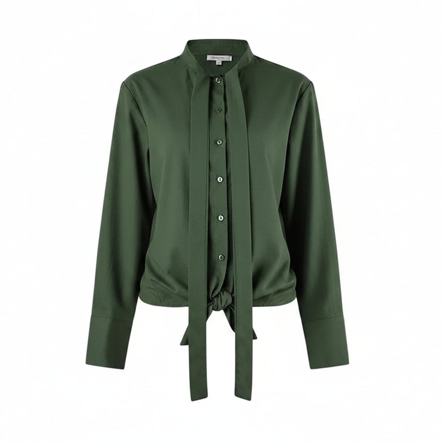 VacationGrabs olive green long-sleeve blouse with a turn-down collar and front lace-up tie detail on a mannequin.
