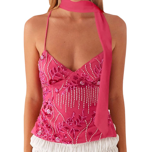 VacationGrabs pink embroidered crop top with sequins, rhinestones, and pearl details, featuring a matching neck scarf.
