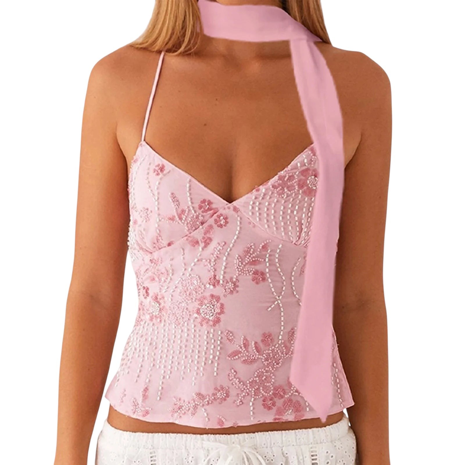 VacationGrabs pink embroidered crop top with sequins, rhinestones, and pearl details featuring a matching neck scarf.