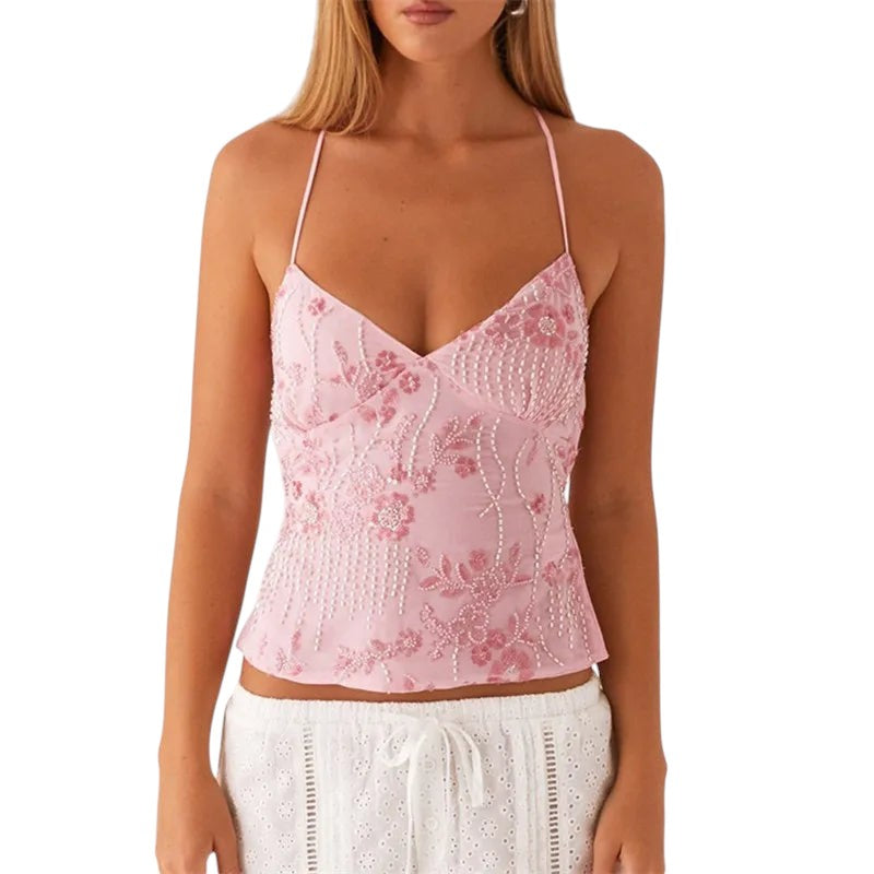 VacationGrabs pink slim-fit crop top with floral embroidery, sequins, rhinestones, and pearl details.