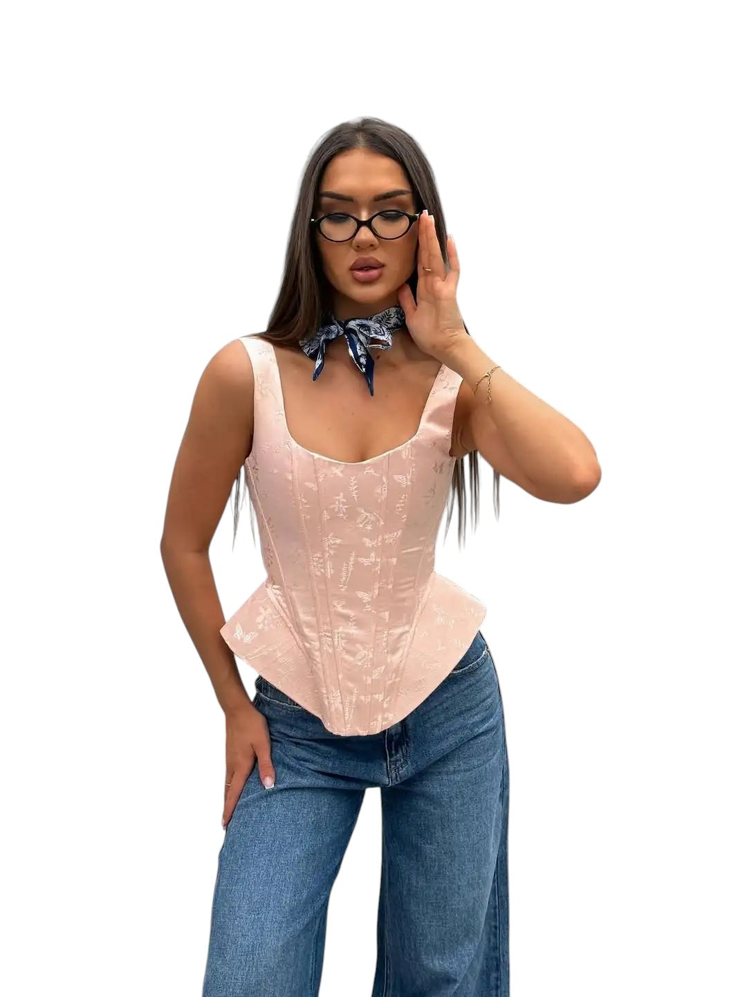 VacationGrabs pale pink satin corset top with a peplum hem and wide straps, styled with blue denim jeans.