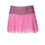 VacationGrabs pink mini skirt featuring a shimmering sequin waistband and a lightweight sheer chiffon hem