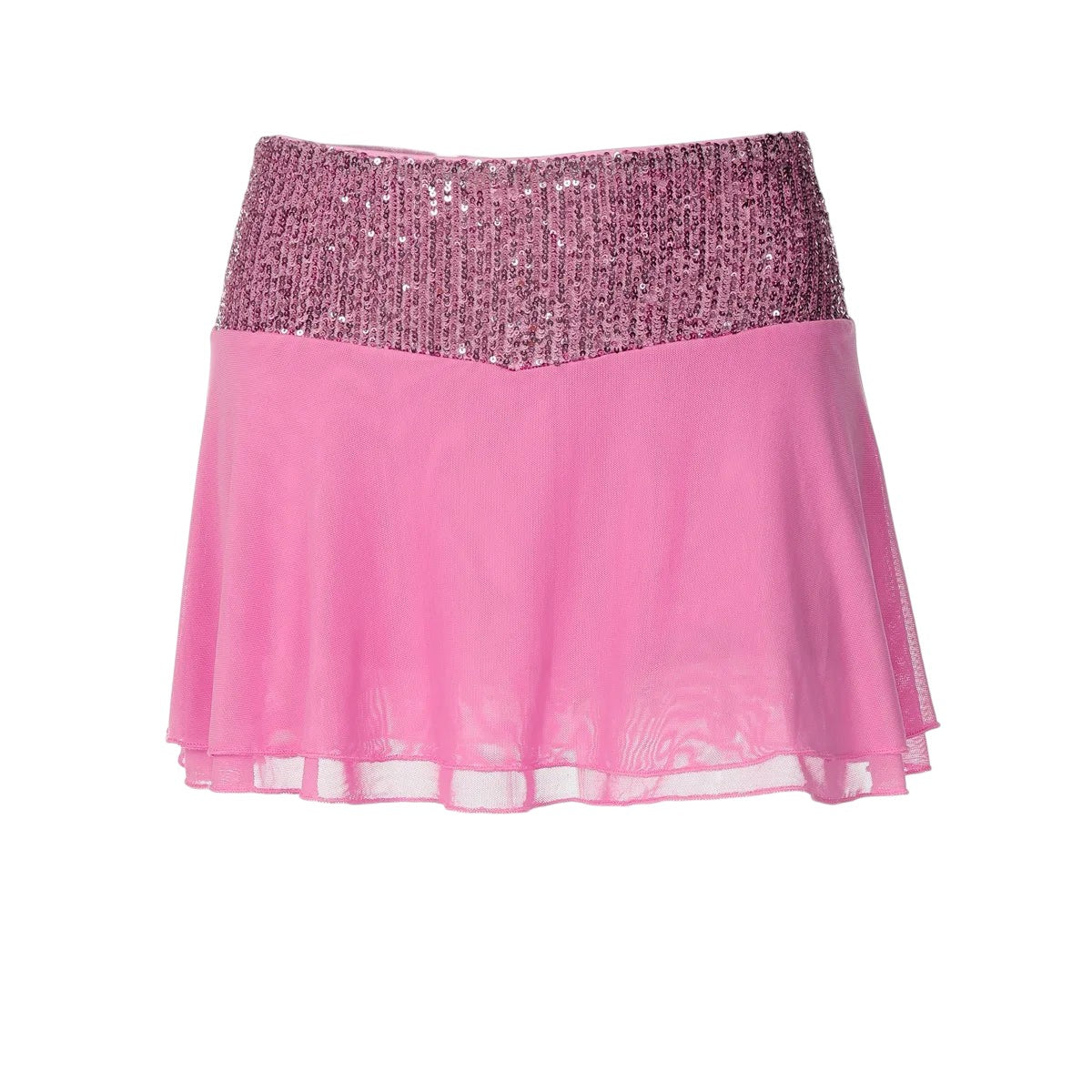 VacationGrabs pink mini skirt featuring a shimmering sequin waistband and a lightweight sheer chiffon hem