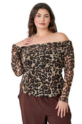 VacationGrabs plus size off-shoulder leopard print top with long sleeves and ruched neckline on a model
