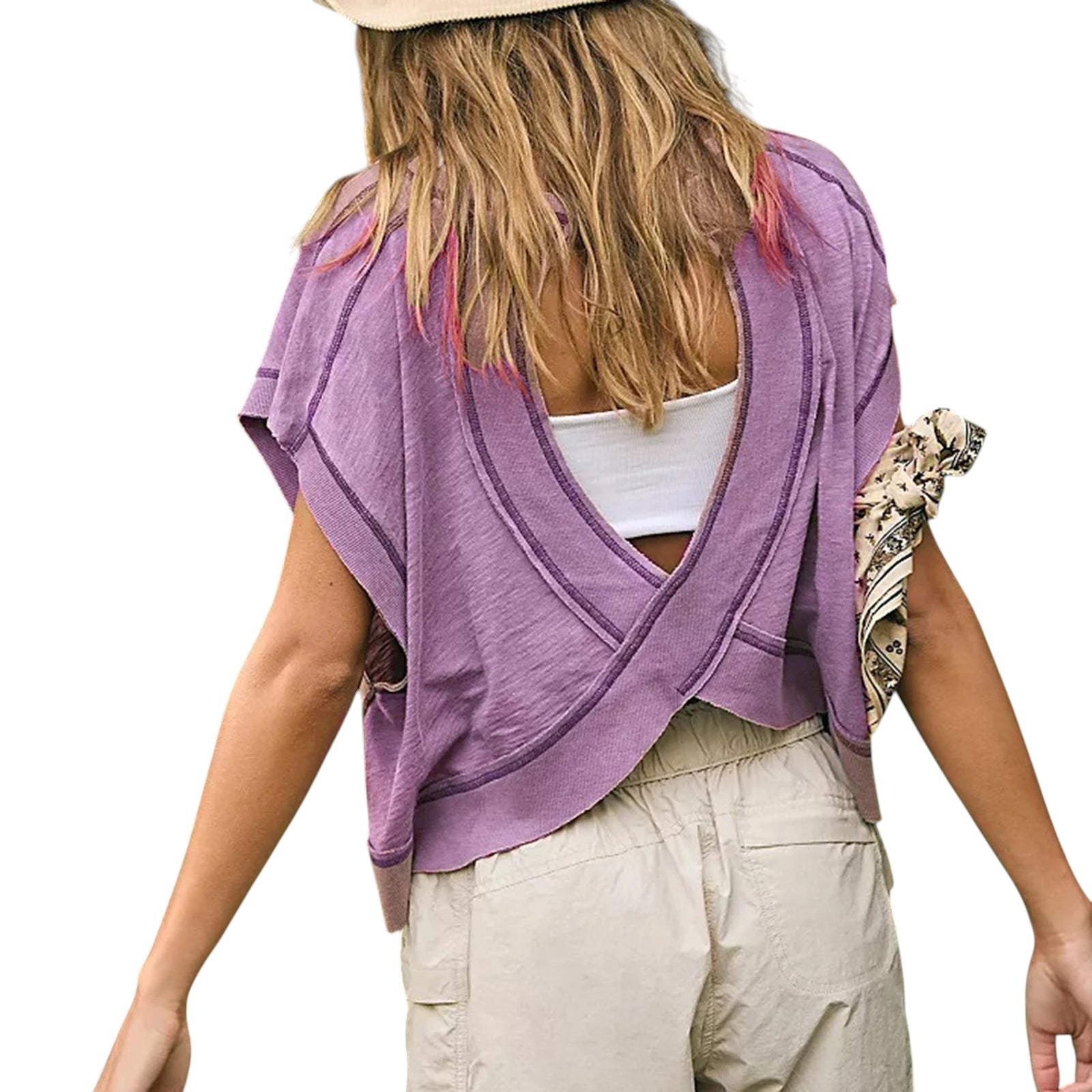 VacationGrabs purple short-sleeve crop top with a breezy open-back cutout design, perfect for summer vacations.