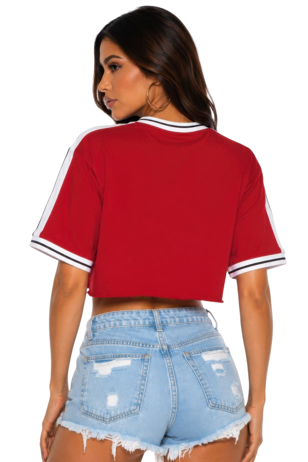 VacationGrabs red cropped cotton t-shirt with white athletic stripe tape on sleeves and a raw hem, worn by a model.