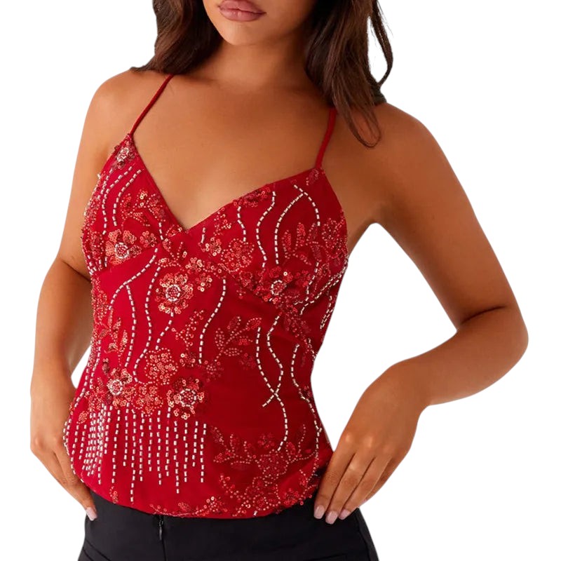 VacationGrabs red slim-fit crop top featuring intricate sequin, rhinestone, and pearl embroidery for a Y2K style.