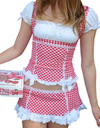 VacationGrabs Y2K style red and white gingham 2-piece set with crop top, lace trim, puffy sleeves, and mini skirt.