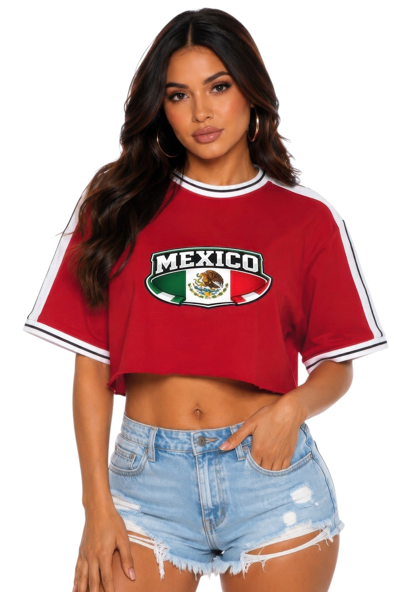 VacationGrabs red cropped cotton t-shirt with Mexico graphic print, short sleeves, and athletic stripe tape detail.