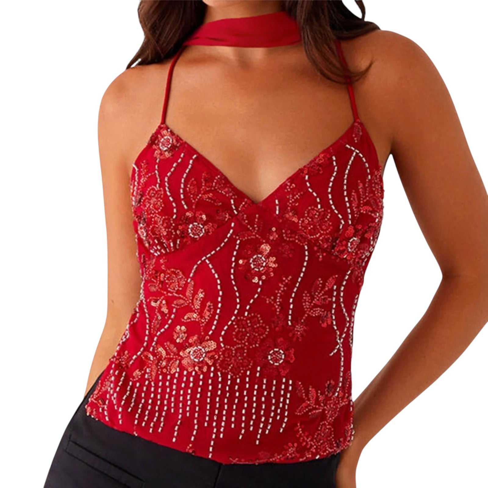 VacationGrabs red embroidered crop top with sequins, rhinestones, and pearl details on a model