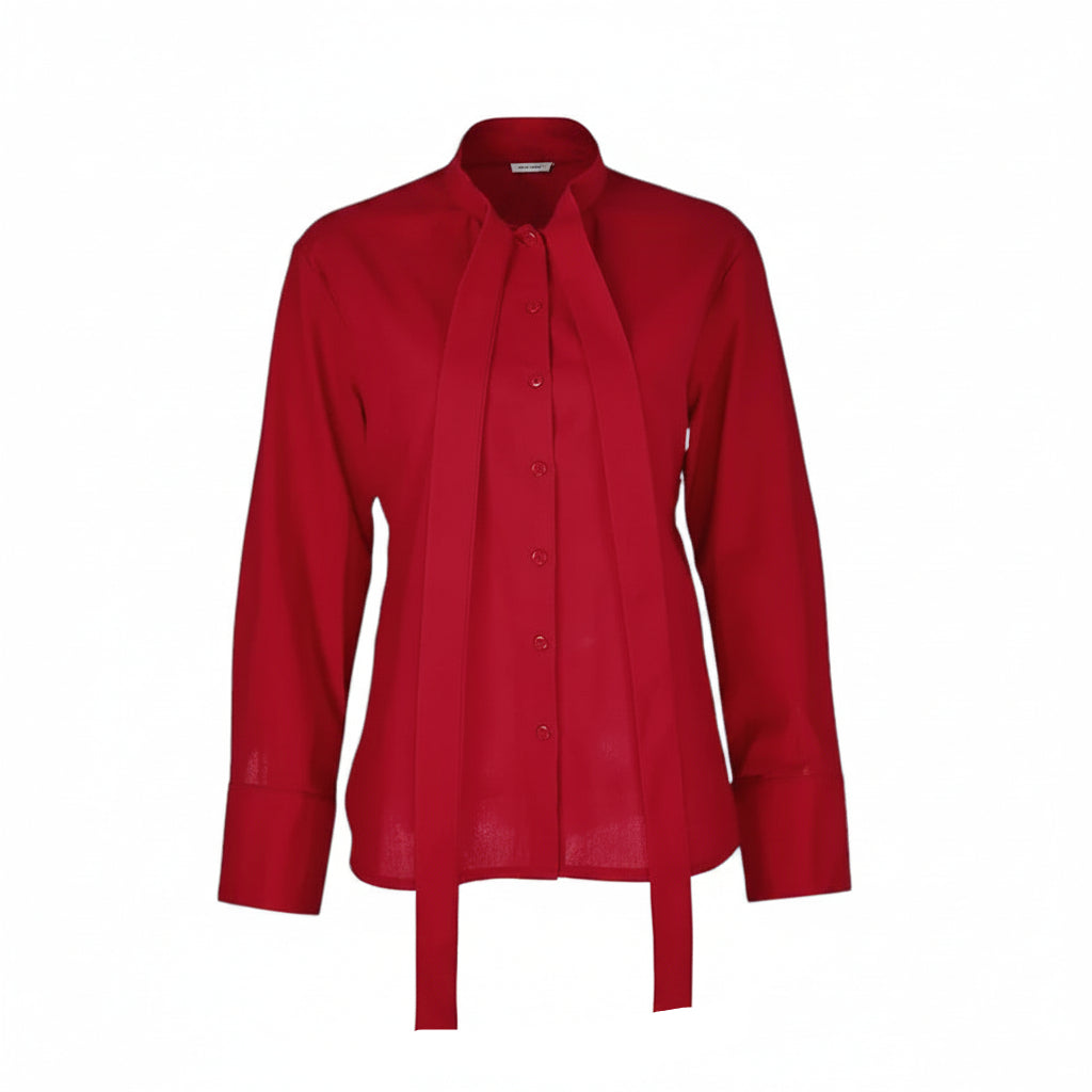 VacationGrabs red long-sleeve blouse with a turn-down collar and front tie-waist ribbon detail on a mannequin.