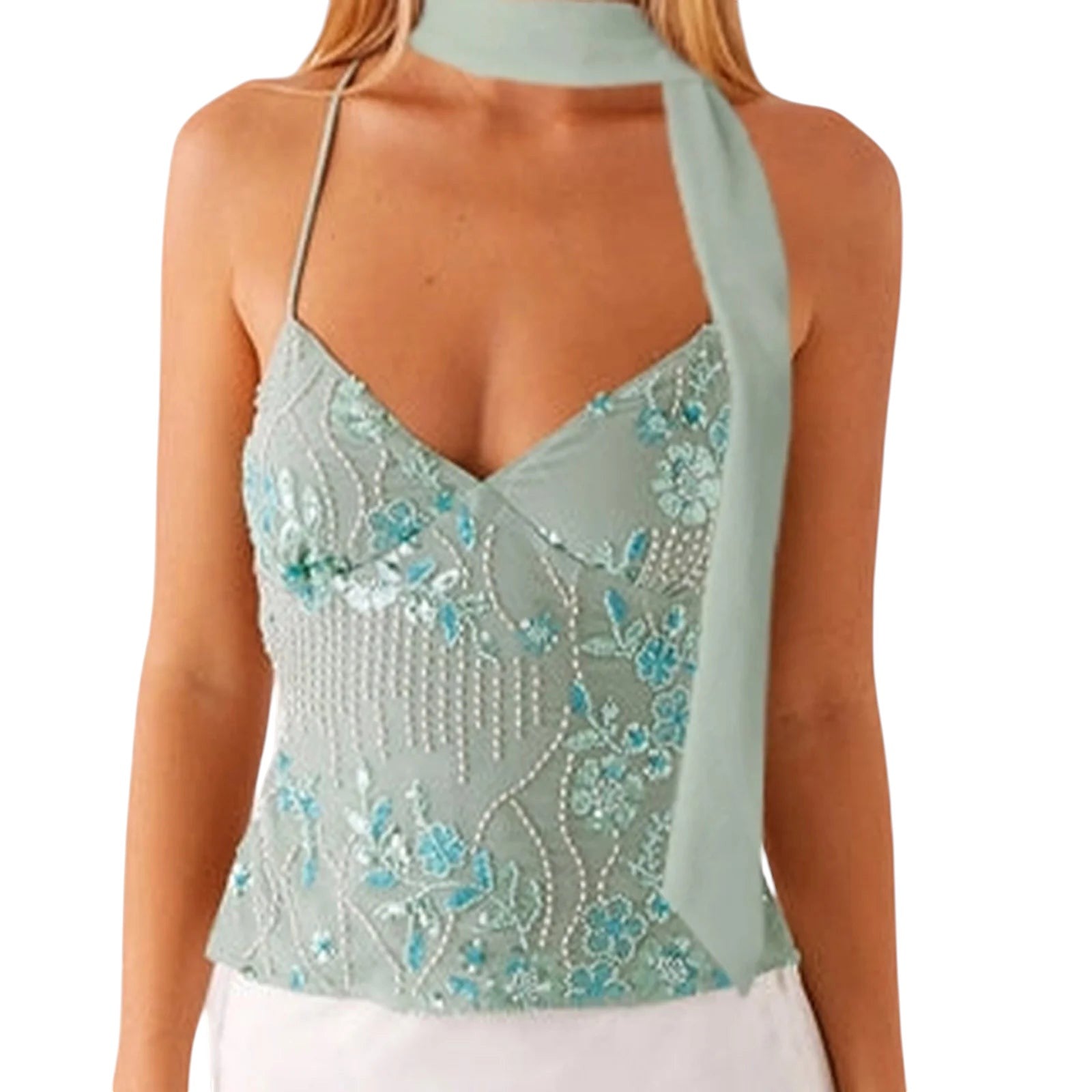 VacationGrabs sage green embroidered crop top with sequins, rhinestones, and pearl details and a matching neck scarf.