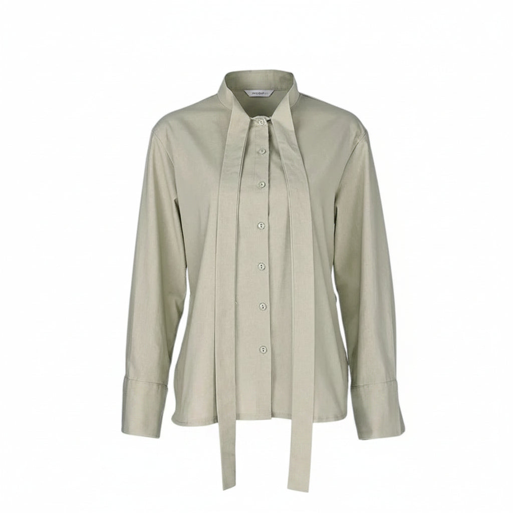 VacationGrabs sage green linen-blend blouse with a turn-down collar, long sleeves, and a front lace-up tie detail.