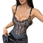 VacationGrabs sheer black lace corset top with spaghetti straps and ruched detailing worn by a woman