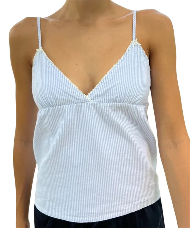 VacationGrabs blue and white striped peplum camisole with delicate lace trim, spaghetti straps, and a V-neckline.