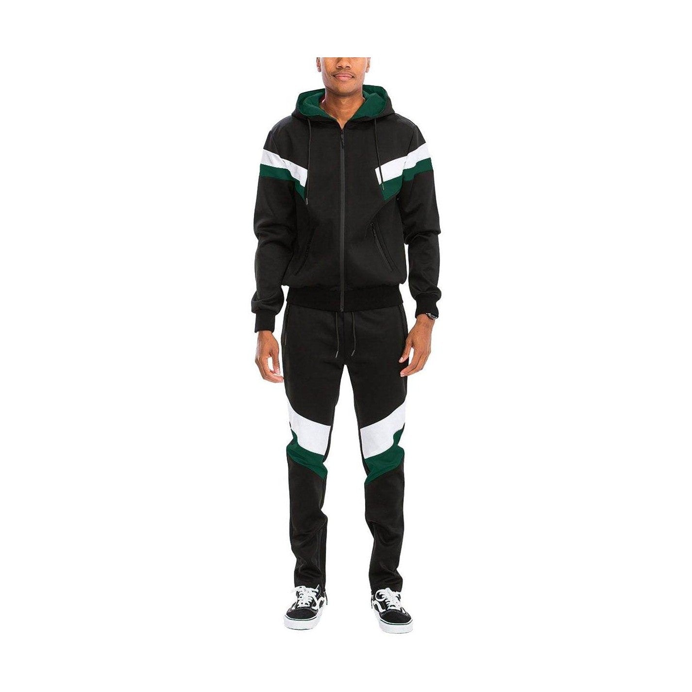 Men's 2PC Track Suit in Black with Green and White Stripes from VacationGrabs Track Suit
