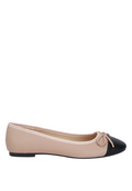 VacationGrabs Minato two-tone faux leather ballet flats with a black toe cap, almond toe, and bow embellishment.