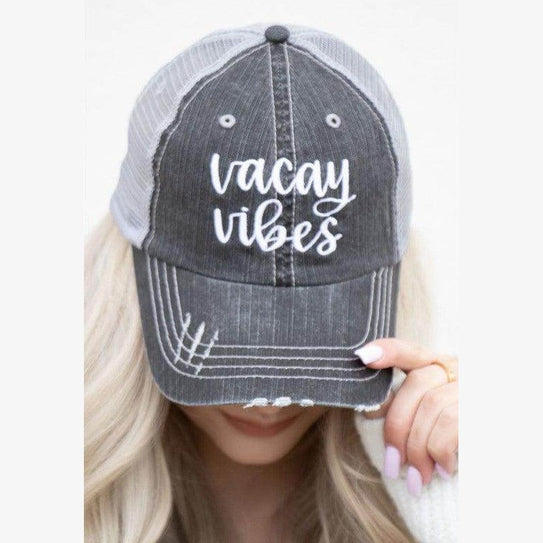 Ocean and 7th Vacay Vibes trucker hat in dark gray with casual distressed detailing