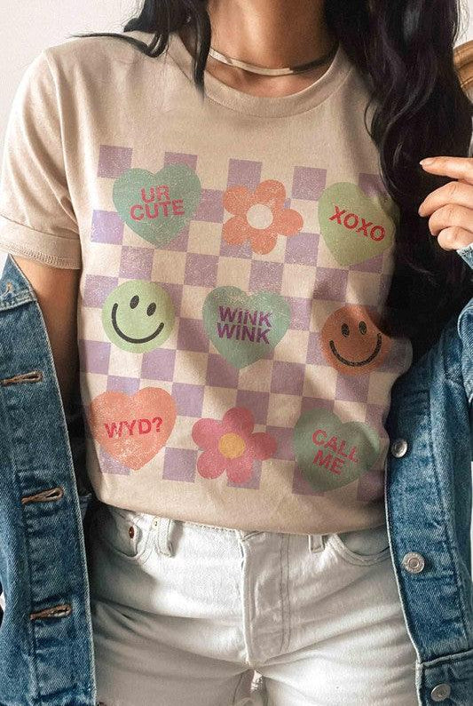 Women's Sweatshirts & Hoodies Valentine's Day Checkered Conversation Hearts Graphic T-Shirt