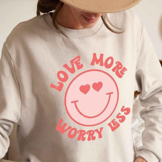 Women's Sweatshirts & Hoodies Valentine's Day Plus Size - Love More Worry Less Happy Face Crew