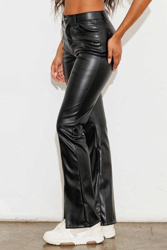 Women's Pants Vegan Leather Front Slit Bootcut Pants