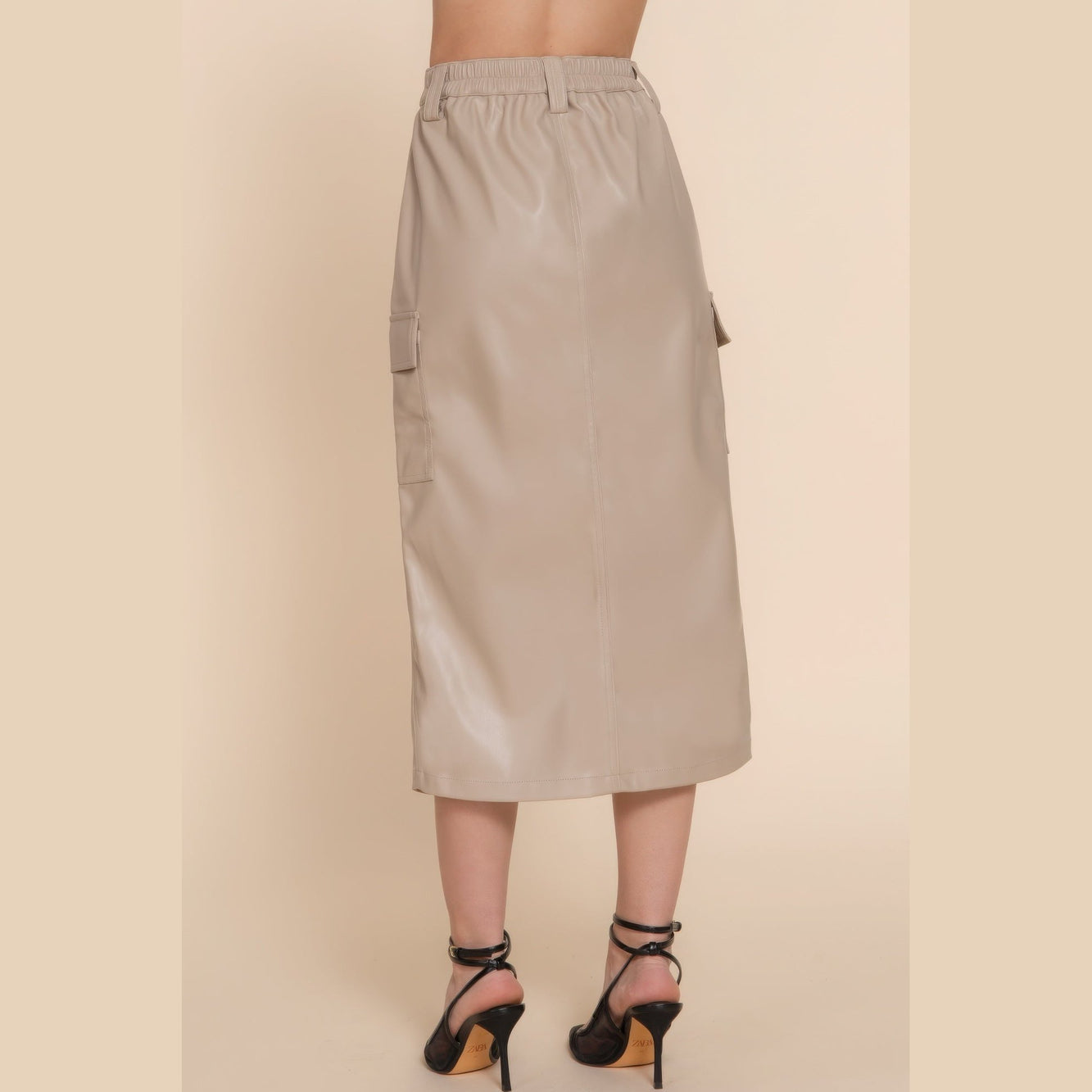 VacationGrabs women's beige vegan leather midi skirt with pockets and elastic waistband