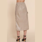 VacationGrabs women's beige vegan leather midi skirt with pockets and elastic waistband