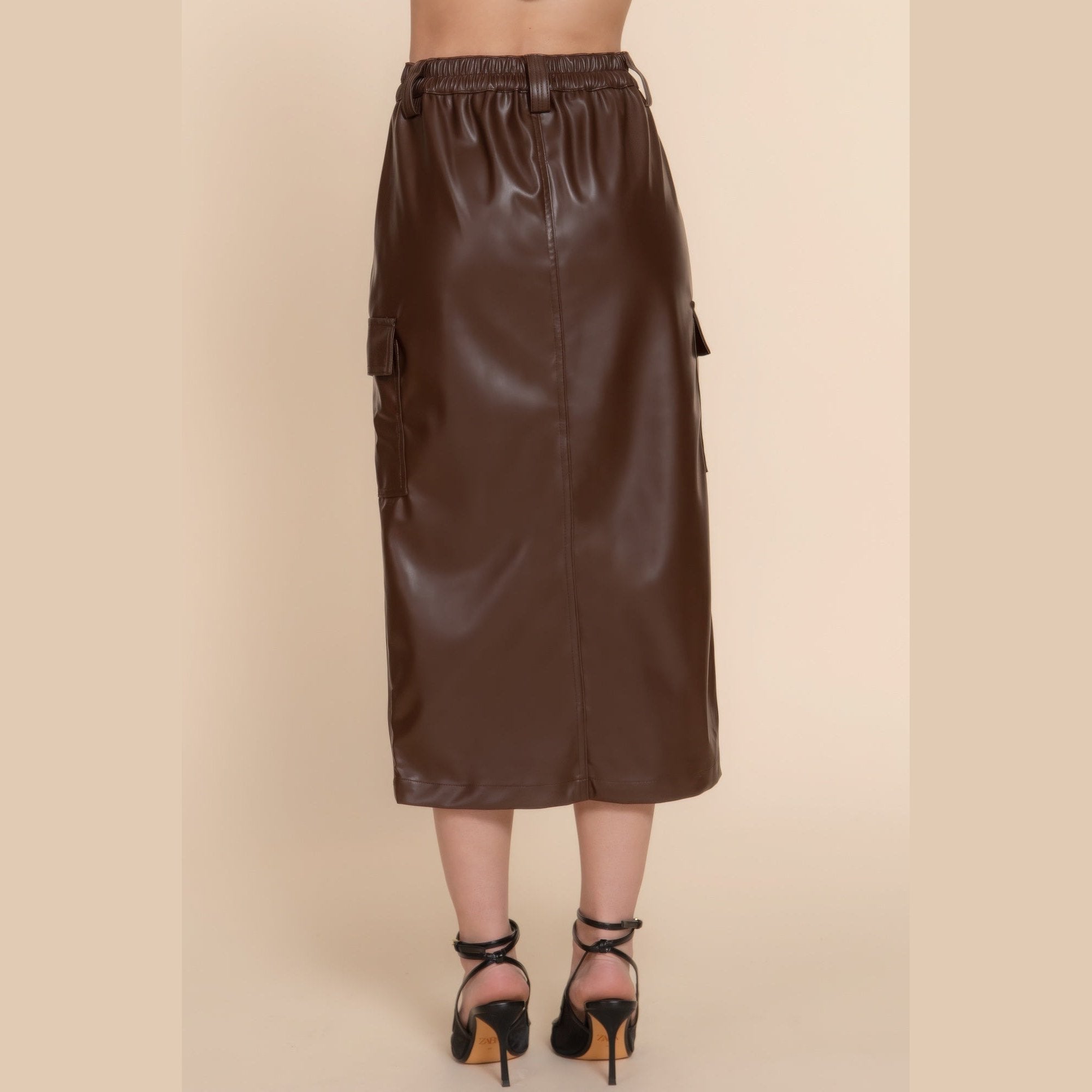 VacationGrabs women's brown vegan leather midi skirt with pockets and elastic waistband