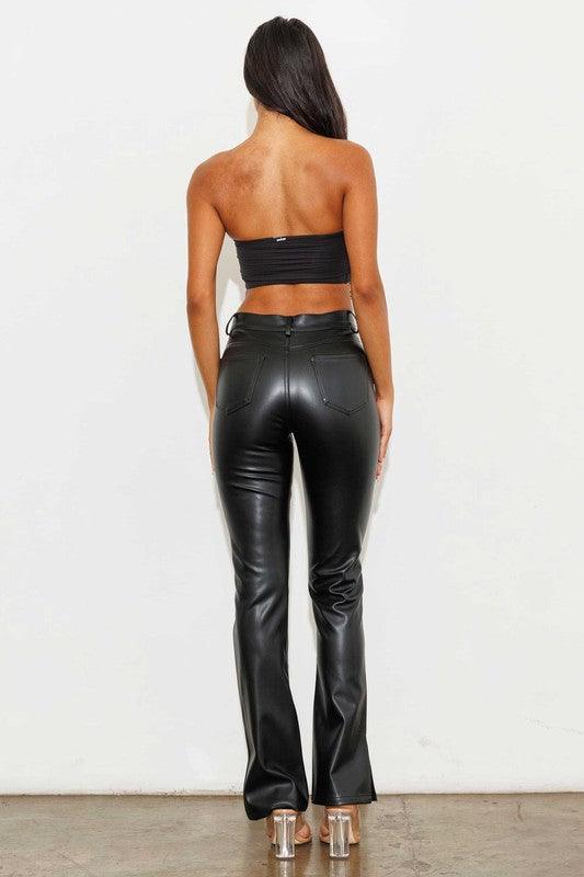 Women's Pants Vegan Leather Side Slit Bootcut