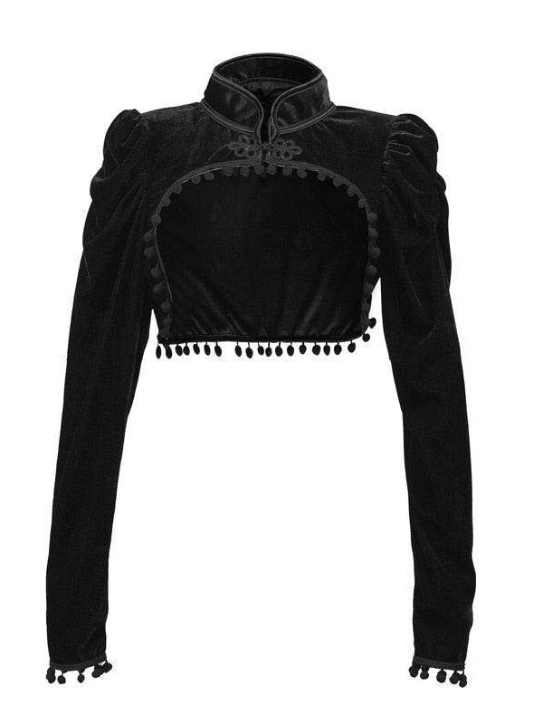 Black cropped top with velvet fabric and pom pom detailing in stylish velvet steampunk fashion