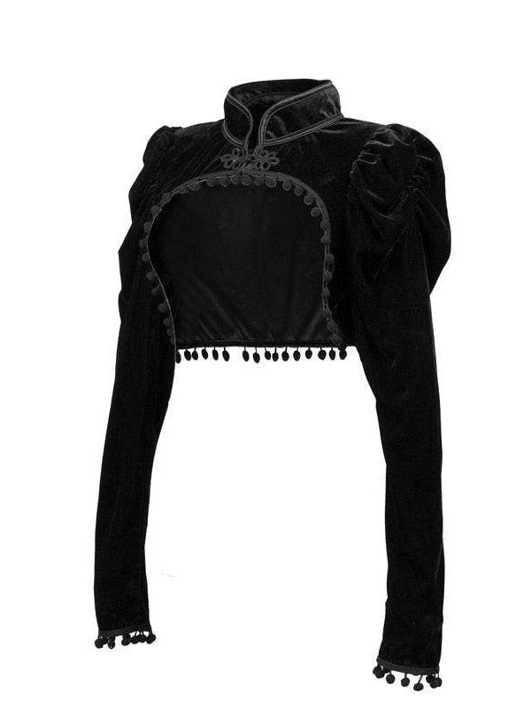 Black cropped top from VacationGrabs showcasing velvet steampunk fashion with puffed sleeves and decorative trim