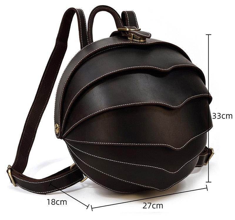 Accordion beetle daypack in brown leather with unique design and adjustable straps for everyday use